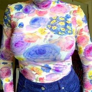 Ganni Floral Print Mesh Long Sleeve Turtleneck, Multicolored